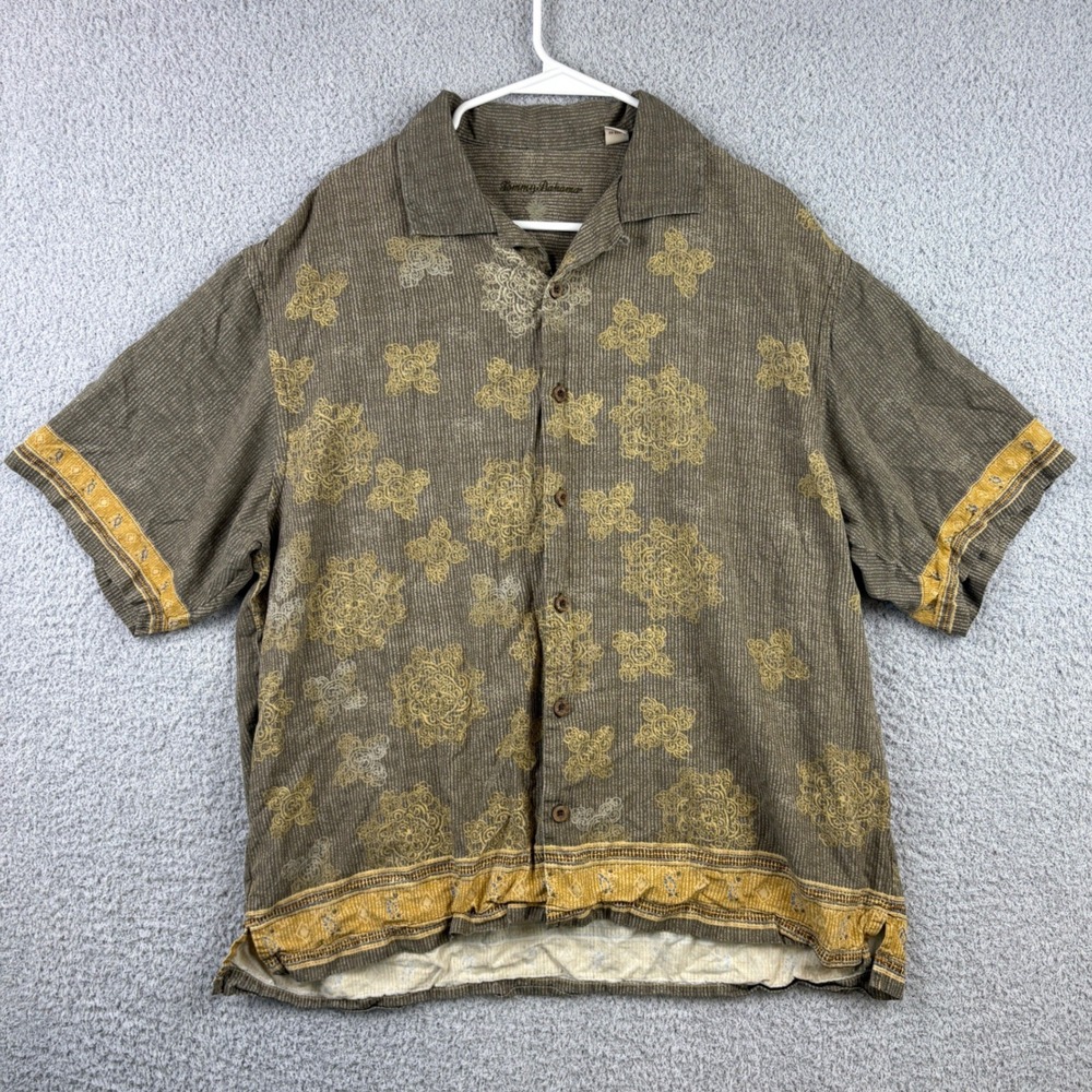 Tommy Bahama Shirt Mens XL Brown Silk Medallion Camp Loop Collar Aloha Tropical